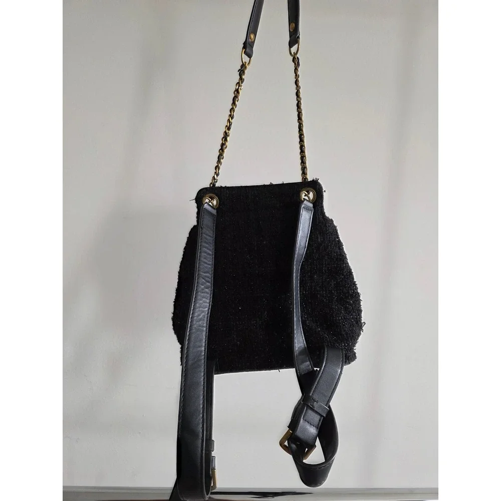 Guess Cessily‎ Black Boucle Tweed Mini Backpack Gold Chain Logo Drawstring Bag